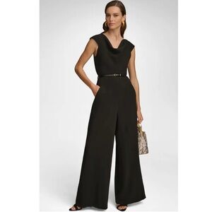 NWT Donna Karan Cowl Neck Cap Sleeve Belted Jumpsuit in Black sz 8 Holiday Work